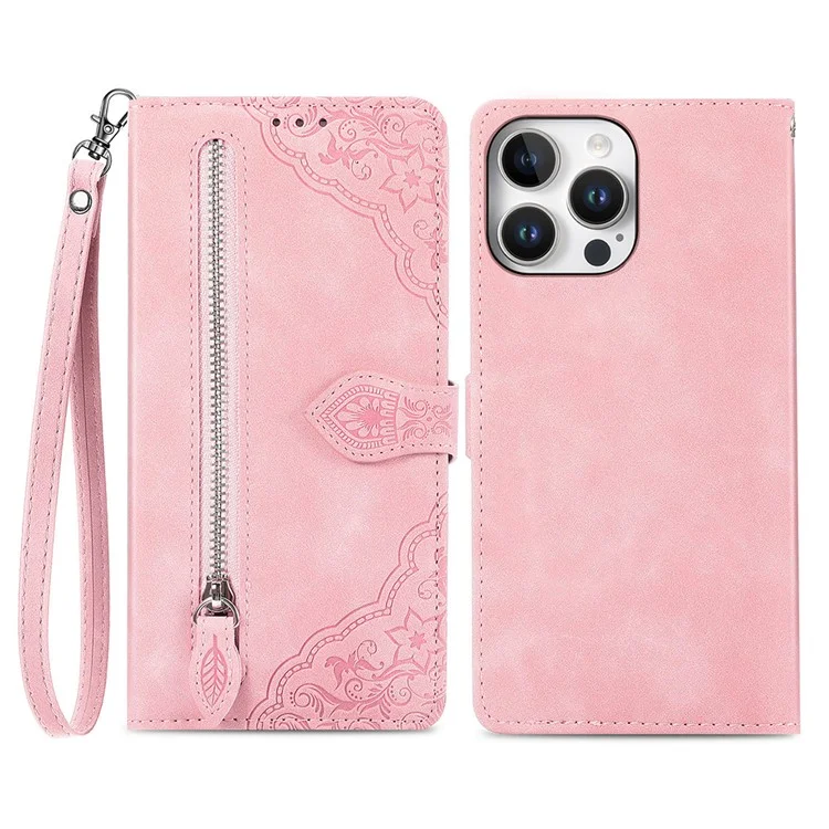 Für Iphone 16 Pro Max Hülle Reißverschluss Brieftasche PU Leder Blumenabdruck Telefonabdeckung - Rosa