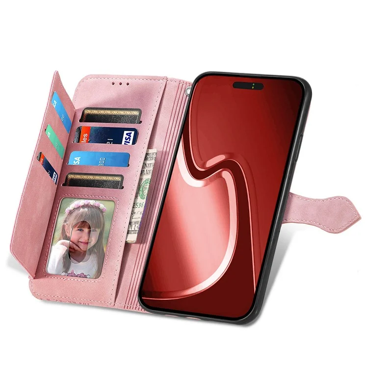 Für Iphone 16 Pro Max Hülle Reißverschluss Brieftasche PU Leder Blumenabdruck Telefonabdeckung - Rosa