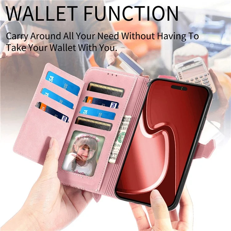 Für Iphone 16 Pro Max Hülle Reißverschluss Brieftasche PU Leder Blumenabdruck Telefonabdeckung - Rosa