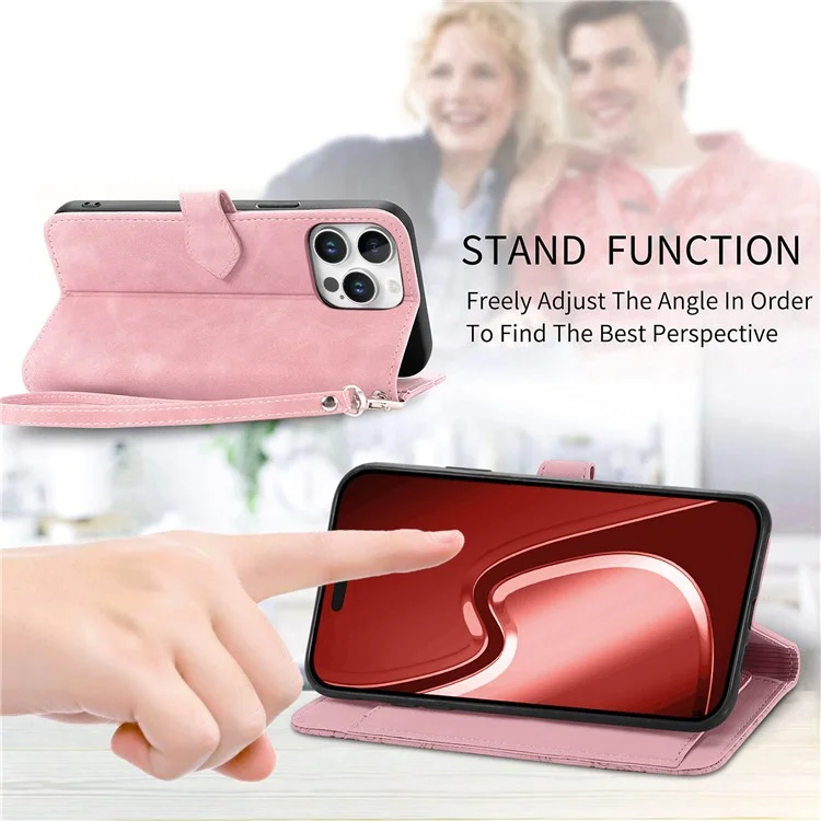 Für Iphone 16 Pro Max Hülle Reißverschluss Brieftasche PU Leder Blumenabdruck Telefonabdeckung - Rosa