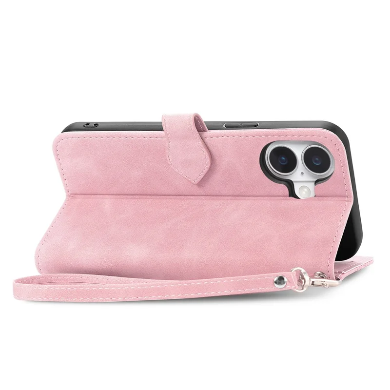 For iPhone 16 Plus Zipper Wallet Case with Strap Flower Imprint PU Leather Phone Cover - Pink