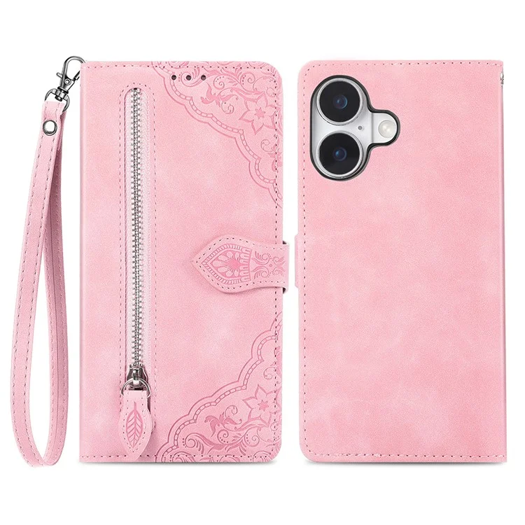 Para Iphone 16 Case Flawet PU Leather Flower Impresión de la Portada Del Teléfono - Rosa