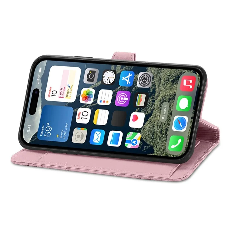Para Iphone 16 Case Flawet PU Leather Flower Impresión de la Portada Del Teléfono - Rosa