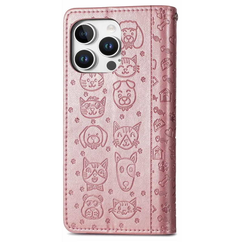 Per Iphone 16 Pro Case Leather Wallet Flip Cover Del Telefono Cat Cat Dog Pattern - Oro Rosa