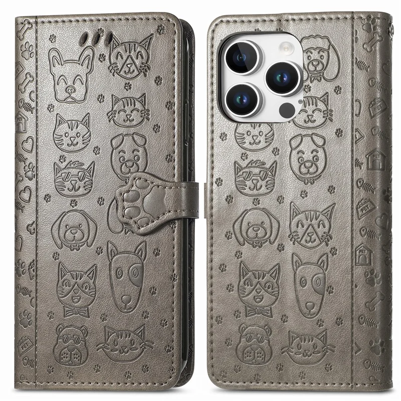 For iPhone 16 Pro Leather Wallet Case Flip Phone Cover with Cute Cat Dog Pattern - Grey
