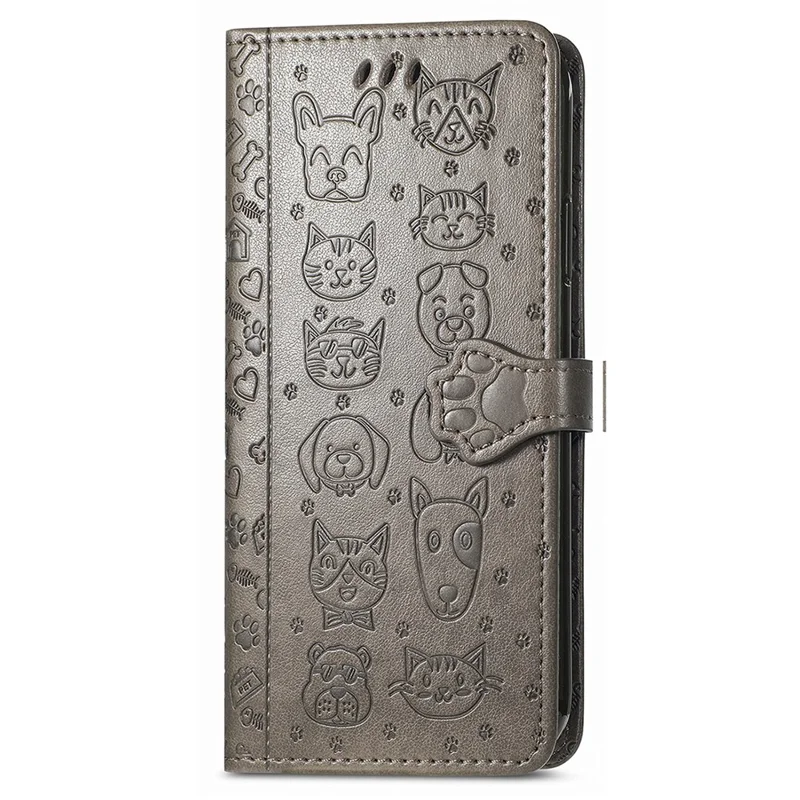 For iPhone 16 Pro Leather Wallet Case Flip Phone Cover with Cute Cat Dog Pattern - Grey