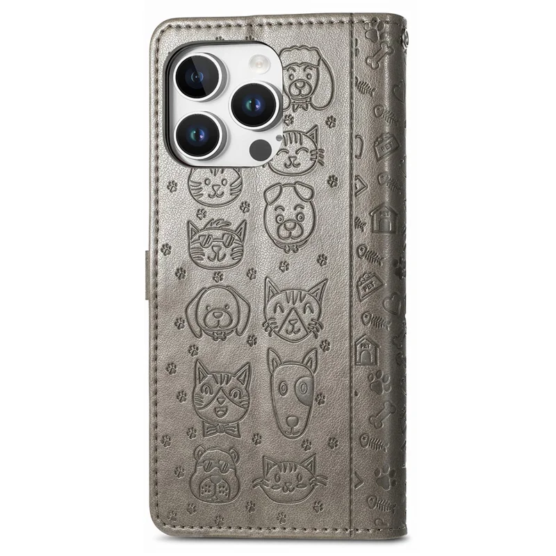 For iPhone 16 Pro Leather Wallet Case Flip Phone Cover with Cute Cat Dog Pattern - Grey