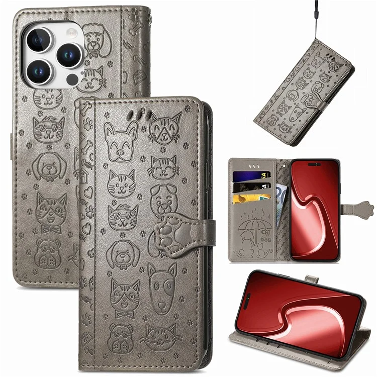 For iPhone 16 Pro Max Leather Wallet Case Flip Phone Cover with Cute Cat Dog Pattern - Grey