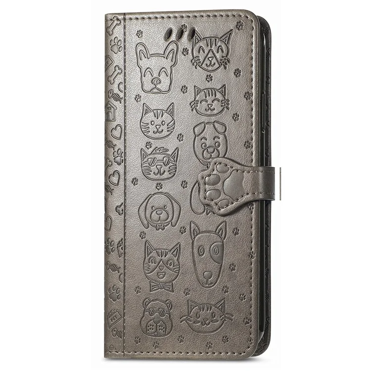 For iPhone 16 Pro Max Leather Wallet Case Flip Phone Cover with Cute Cat Dog Pattern - Grey