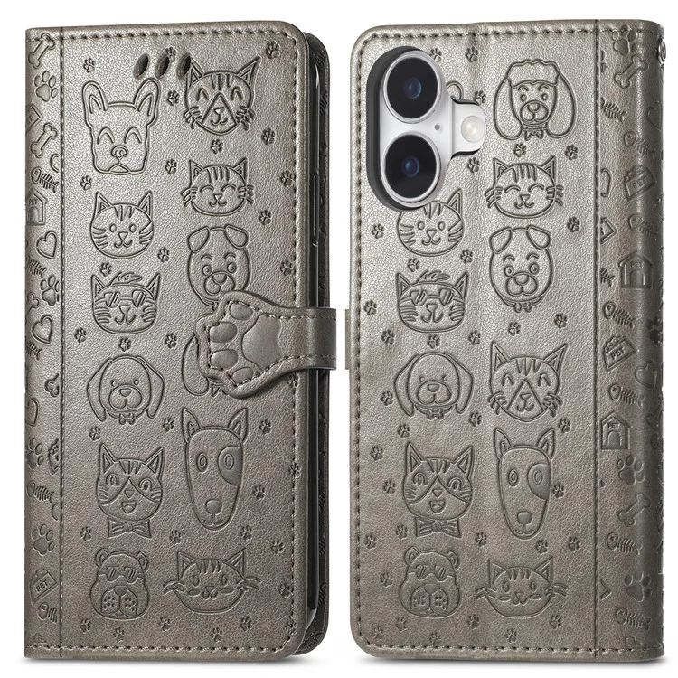 Per Iphone 16 Plus Case Wardlet Flip Cover Flip Cover Cane Cat Dog Pattern - Grigio