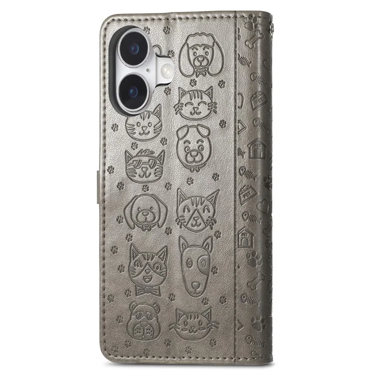 Per Iphone 16 Plus Case Wardlet Flip Cover Flip Cover Cane Cat Dog Pattern - Grigio
