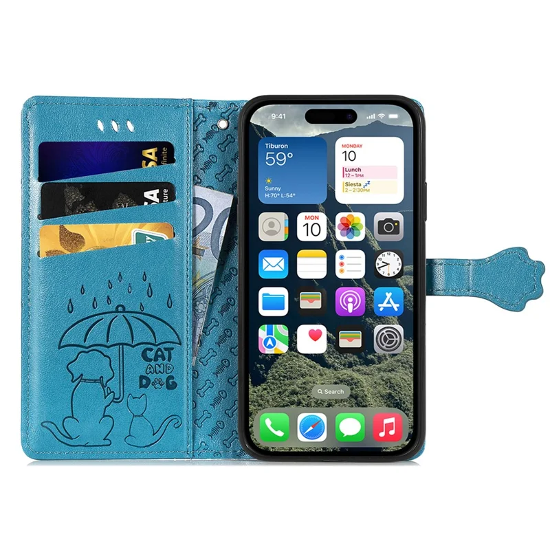 For iPhone 16 Leather Wallet Case Flip Phone Cover with Cute Cat Dog Pattern - Blue