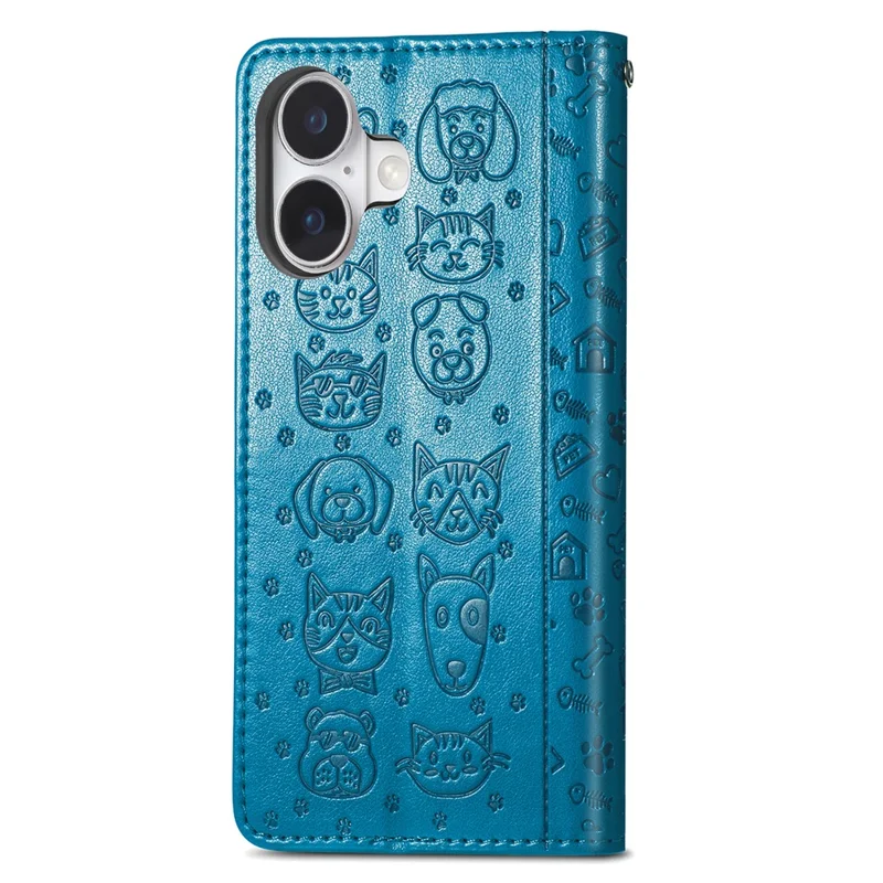 For iPhone 16 Leather Wallet Case Flip Phone Cover with Cute Cat Dog Pattern - Blue
