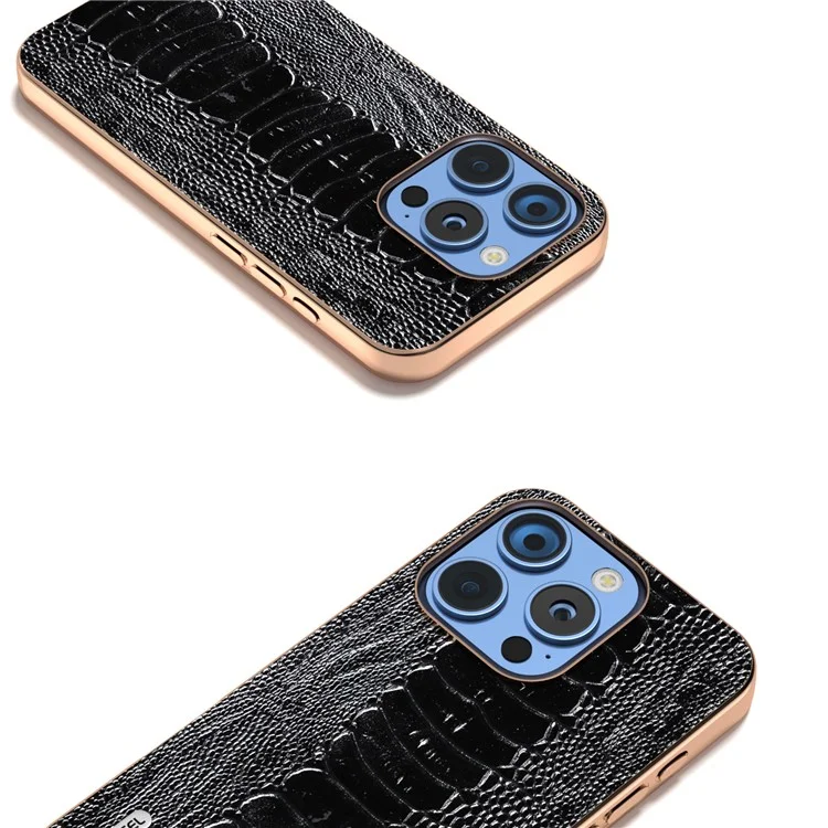 Abeel Per Iphone 16 Pro Case Electroplating Edge Crocodile Texture Genuine Cow in Pelle di Mucca+tpu+pc Coperchio - Nero