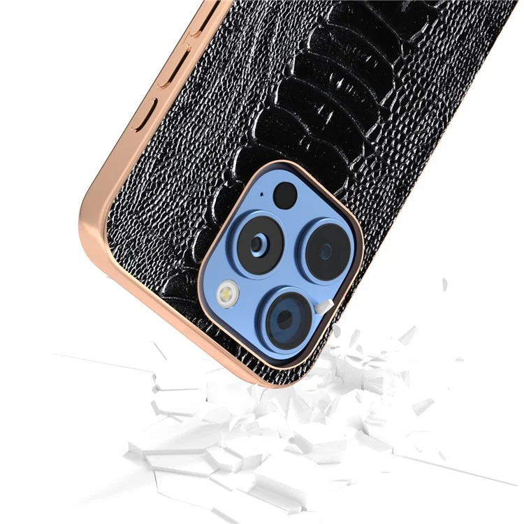 Abeel Per Iphone 16 Pro Case Electroplating Edge Crocodile Texture Genuine Cow in Pelle di Mucca+tpu+pc Coperchio - Nero