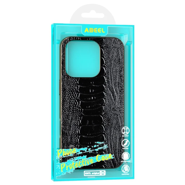 Abeel Per Iphone 16 Pro Case Electroplating Edge Crocodile Texture Genuine Cow in Pelle di Mucca+tpu+pc Coperchio - Nero