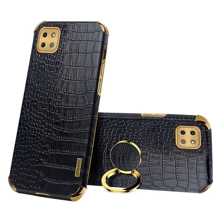 Per Samsung Galaxy A22 5G (versione Ue) Crocodile Texture PU in Pelle Rivestita TPU TPU Elettroplating Ring Cover Del Telefono - Nero