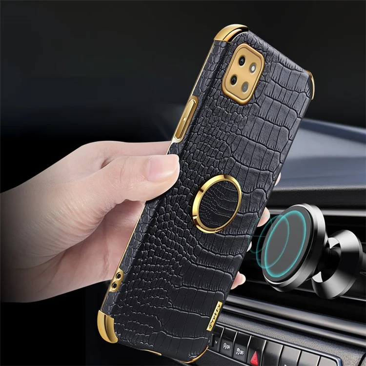 Per Samsung Galaxy A22 5G (versione Ue) Crocodile Texture PU in Pelle Rivestita TPU TPU Elettroplating Ring Cover Del Telefono - Nero