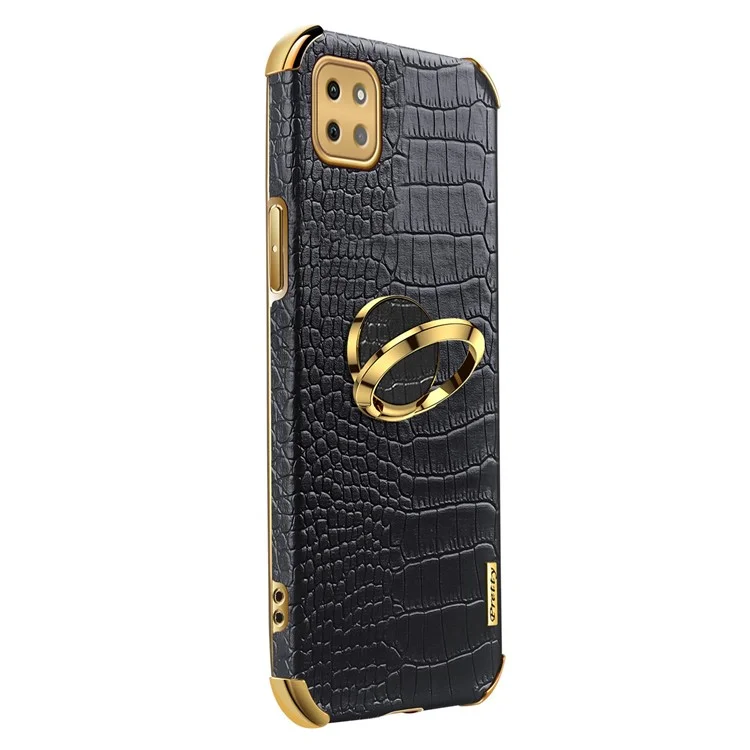Per Samsung Galaxy A22 5G (versione Ue) Crocodile Texture PU in Pelle Rivestita TPU TPU Elettroplating Ring Cover Del Telefono - Nero