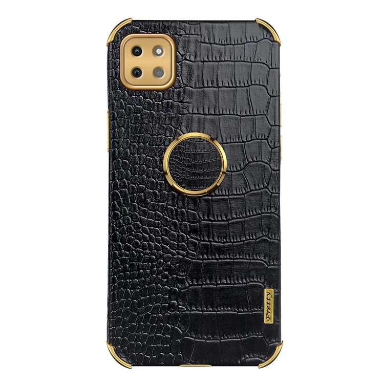 Per Samsung Galaxy A22 5G (versione Ue) Crocodile Texture PU in Pelle Rivestita TPU TPU Elettroplating Ring Cover Del Telefono - Nero