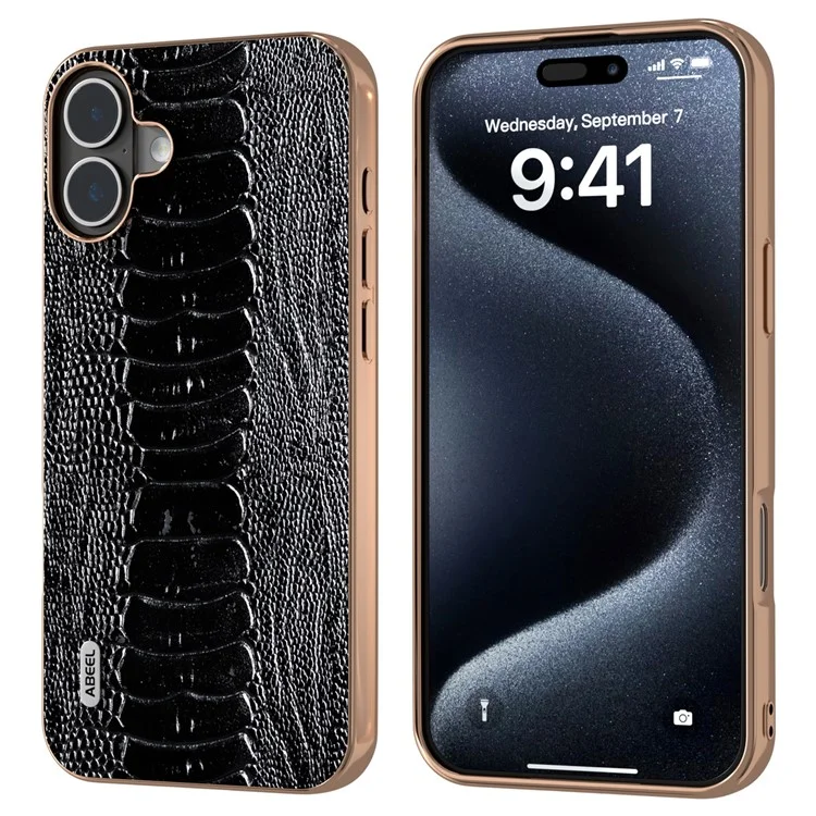 Abeel Per Iphone 16 Case Electroplating Edge Crocodile Texture Genuine Cow in Pelle di Mucca+tpu+pc Coperchio - Nero