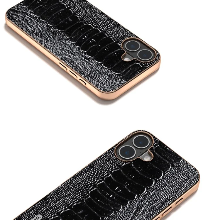 Abeel Per Iphone 16 Case Electroplating Edge Crocodile Texture Genuine Cow in Pelle di Mucca+tpu+pc Coperchio - Nero