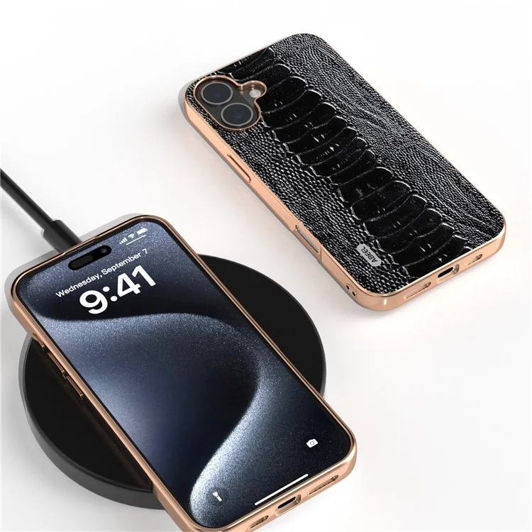 Abeel Per Iphone 16 Case Electroplating Edge Crocodile Texture Genuine Cow in Pelle di Mucca+tpu+pc Coperchio - Nero