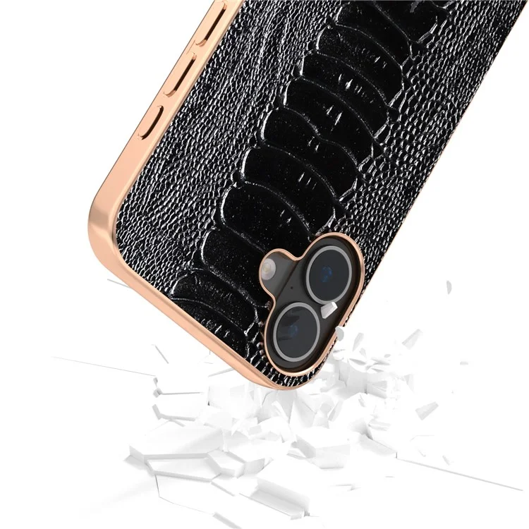 Abeel Per Iphone 16 Case Electroplating Edge Crocodile Texture Genuine Cow in Pelle di Mucca+tpu+pc Coperchio - Nero