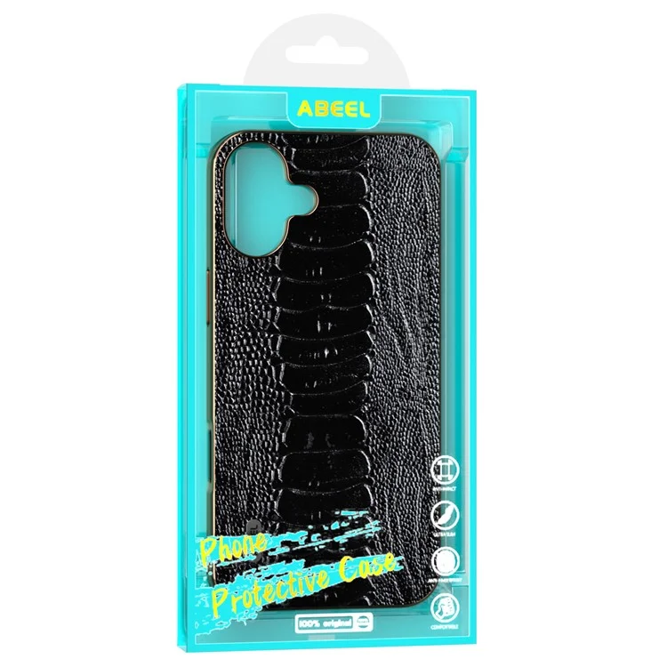 Abeel Per Iphone 16 Case Electroplating Edge Crocodile Texture Genuine Cow in Pelle di Mucca+tpu+pc Coperchio - Nero
