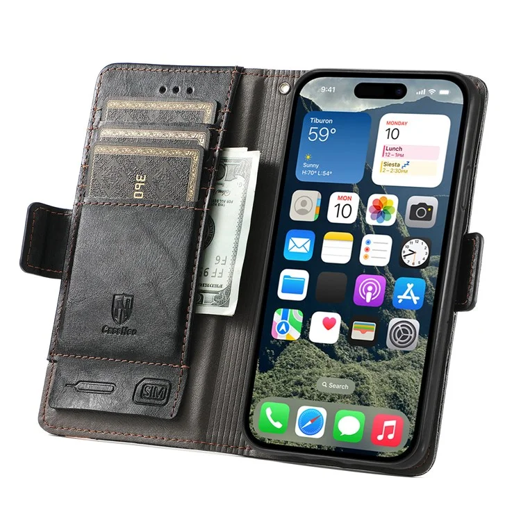 Série Caseneo 002 Para Iphone 16 Plus Stand Stand Wallet Splicing Campa de Couro PU - Preto