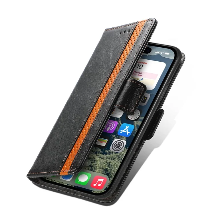 Série Caseneo 002 Para Iphone 16 Plus Stand Stand Wallet Splicing Campa de Couro PU - Preto