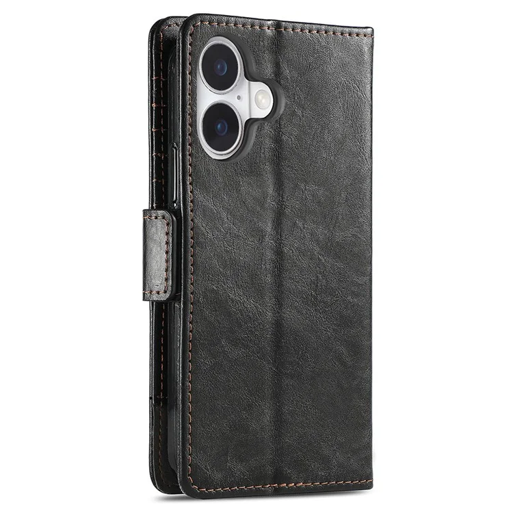 Série Caseneo 002 Para Iphone 16 Plus Stand Stand Wallet Splicing Campa de Couro PU - Preto
