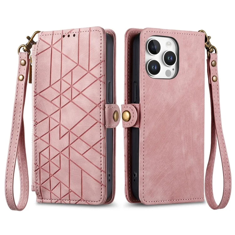 Pour Iphone 16 Pro Max Case de Portefeuille Zipper Géométrie Lignes de Téléphone - Rose