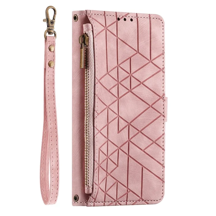 Pour Iphone 16 Pro Max Case de Portefeuille Zipper Géométrie Lignes de Téléphone - Rose