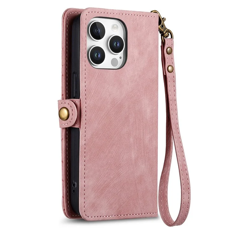 Pour Iphone 16 Pro Max Case de Portefeuille Zipper Géométrie Lignes de Téléphone - Rose