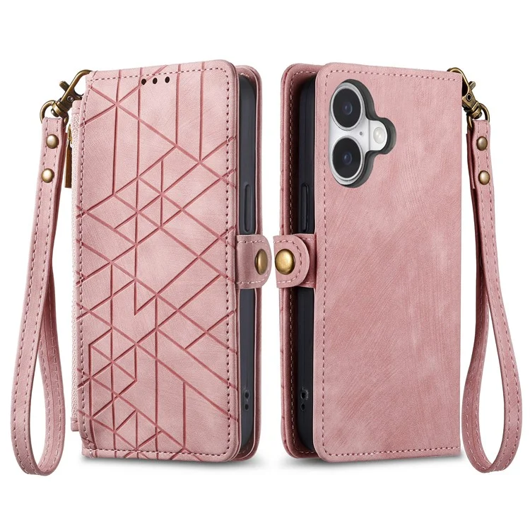 Para Iphone 16 Case Zipper Wallet Geometry Lines Cover Phone de Cuero - Rosa
