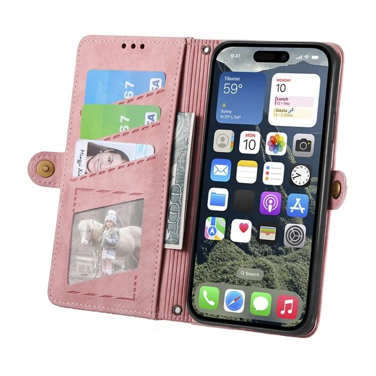Para Iphone 16 Case Zipper Wallet Geometry Lines Cover Phone de Cuero - Rosa