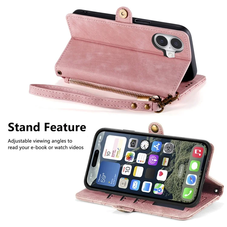 Para Iphone 16 Case Zipper Wallet Geometry Lines Cover Phone de Cuero - Rosa