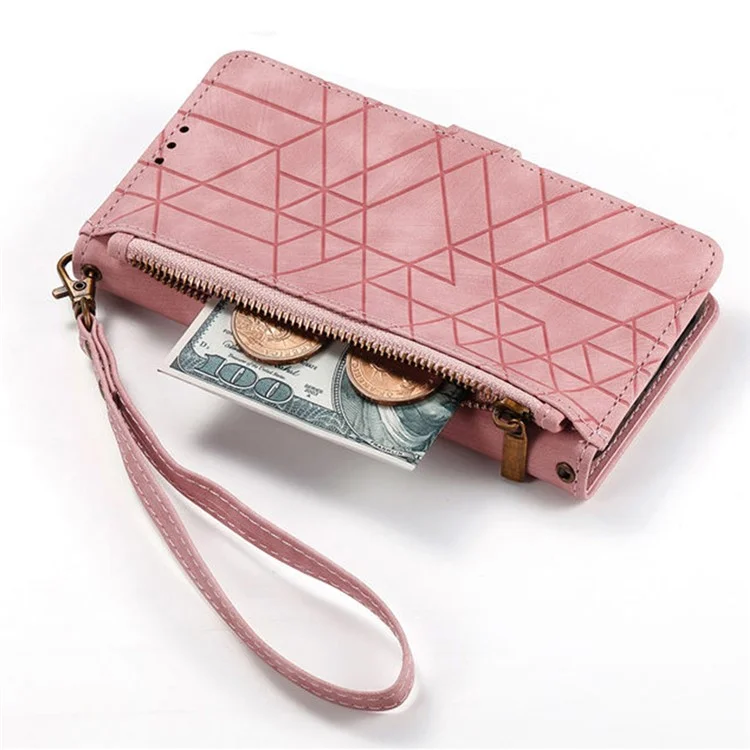 Para Iphone 16 Case Zipper Wallet Geometry Lines Cover Phone de Cuero - Rosa