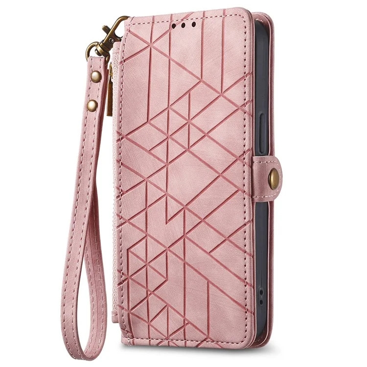 Para Iphone 16 Case Zipper Wallet Geometry Lines Cover Phone de Cuero - Rosa
