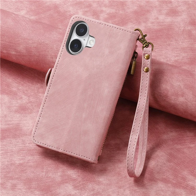 Para Iphone 16 Case Zipper Wallet Geometry Lines Cover Phone de Cuero - Rosa