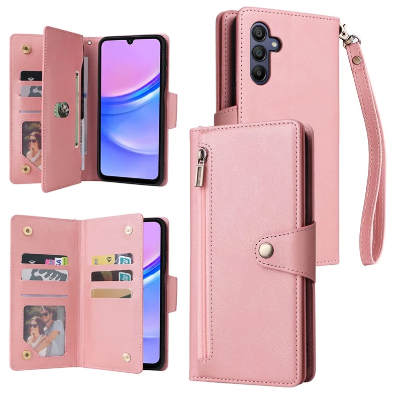 Para Samsung Galaxy A16 5G / A16 4G Case Zipper Wallet Leather Stand Phone Cover Rivet Decor - Rose Gold