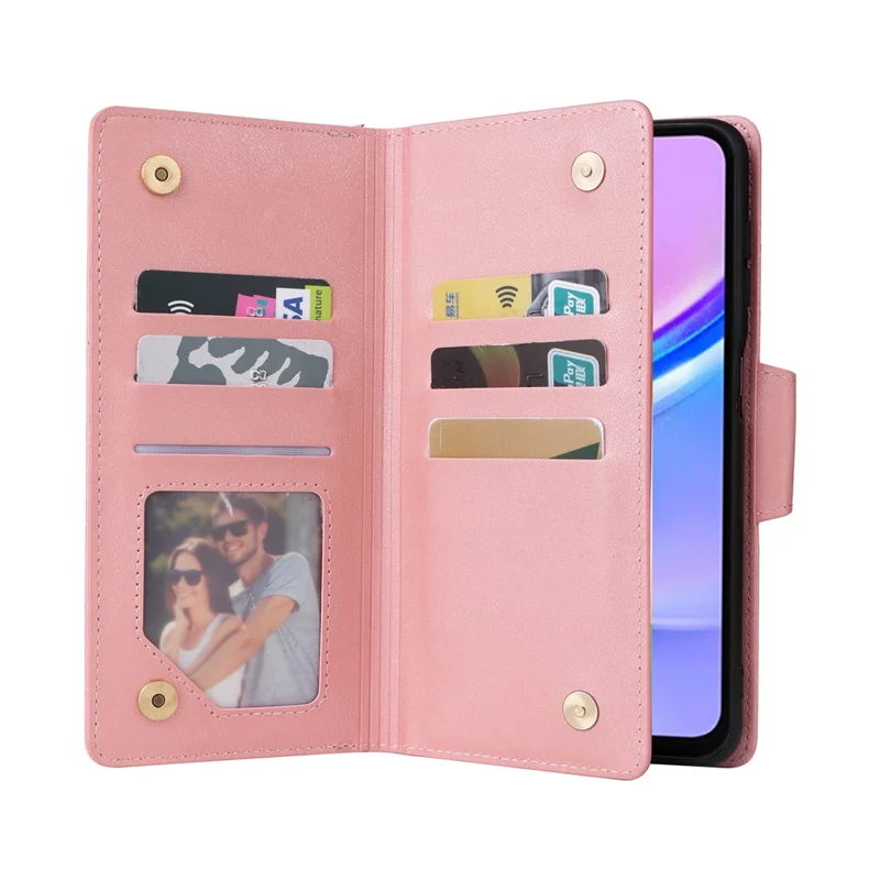Para Samsung Galaxy A16 5G / A16 4G Case Zipper Wallet Leather Stand Phone Cover Rivet Decor - Rose Gold