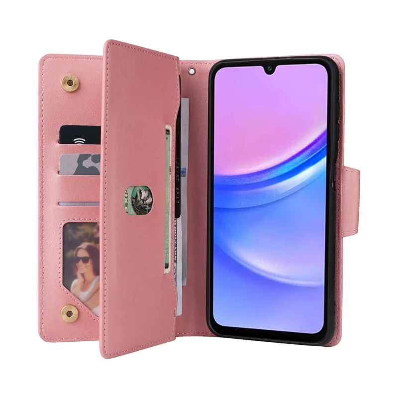 Para Samsung Galaxy A16 5G / A16 4G Case Zipper Wallet Leather Stand Phone Cover Rivet Decor - Rose Gold