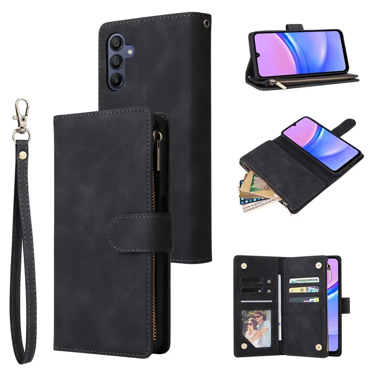 Para Samsung Galaxy A16 5G / A16 4G Case Zipper Wallet Multiple Card Slots Leather Phone Cover - Black