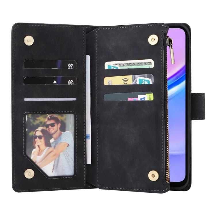 Para Samsung Galaxy A16 5G / A16 4G Case Zipper Wallet Multiple Card Slots Leather Phone Cover - Black