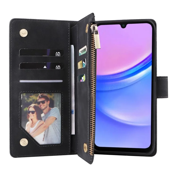 Para Samsung Galaxy A16 5G / A16 4G Case Zipper Wallet Multiple Card Slots Leather Phone Cover - Black