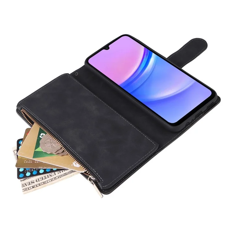 Para Samsung Galaxy A16 5G / A16 4G Case Zipper Wallet Multiple Card Slots Leather Phone Cover - Black