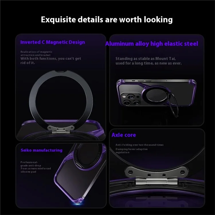 For iPhone 14 Pro Bumper Phone Case Rotary Ring Kickstand Aluminium Alloy S-Shape Magnetic Cover - Purple