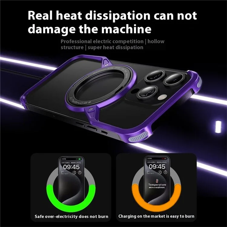 For iPhone 14 Pro Bumper Phone Case Rotary Ring Kickstand Aluminium Alloy S-Shape Magnetic Cover - Purple